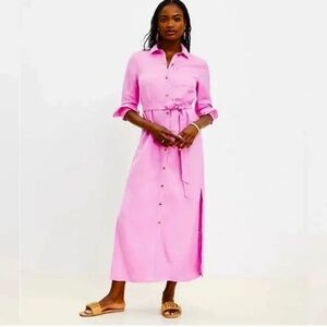 NWOT LOFT Pink Linen Blend Shirt Style Maxi Dress with Tie Belt Size 6